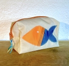 Segeltuch Kosmetiktasche eckig mit Fisch in neonorange / petrolblau